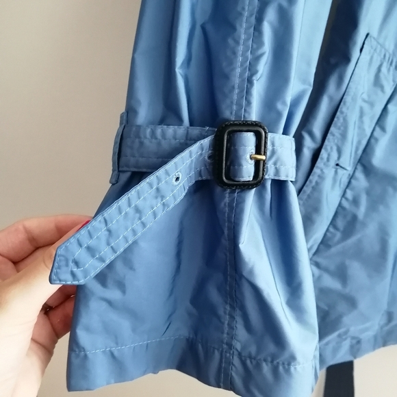 Burberry Double Breasted Blue Nylon Trench Coat Ruffle Trim Waist Belt US 12 - Picture 4 of 17